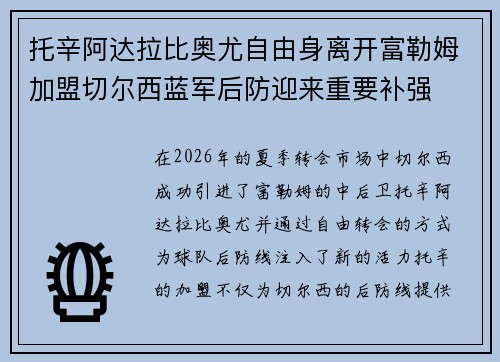 托辛阿达拉比奥尤自由身离开富勒姆加盟切尔西蓝军后防迎来重要补强 托辛阿达拉比奥尤自由身离开富勒姆加盟切尔西蓝军后防迎来重要补强